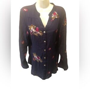 Anthro Fig and Flower Embroidered Peasant Blouse Top L Tunic Navy Floral Boho